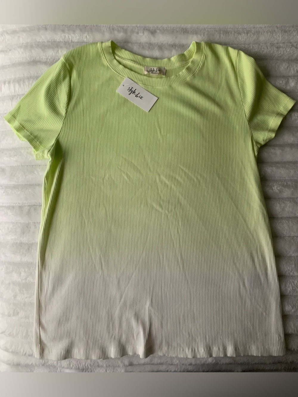 Women’s Neon Yellow to White Ombre Short Sleeve Ribbed Tee Shirt Top